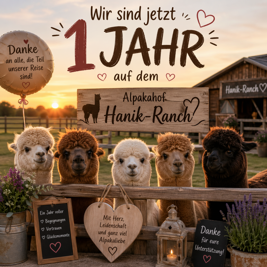 Eine Gruppe von sanften Alpacas steht vor einem Schild, das das erste Jubiläumsjahr des Alpaka-Bauernhofs Hanik-Ranch feiert.