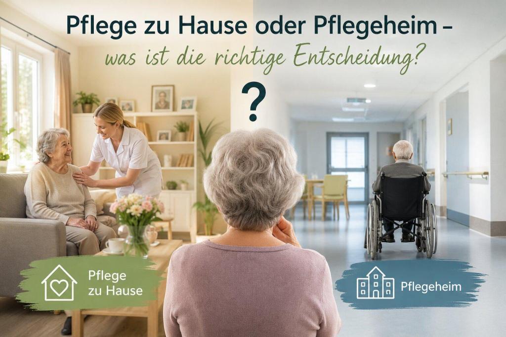 auf dem Bild sehen sie eine Frau von hinten, die sich überlegt ob sie zu Hause bleibt oder ins Pflegeheim geht?